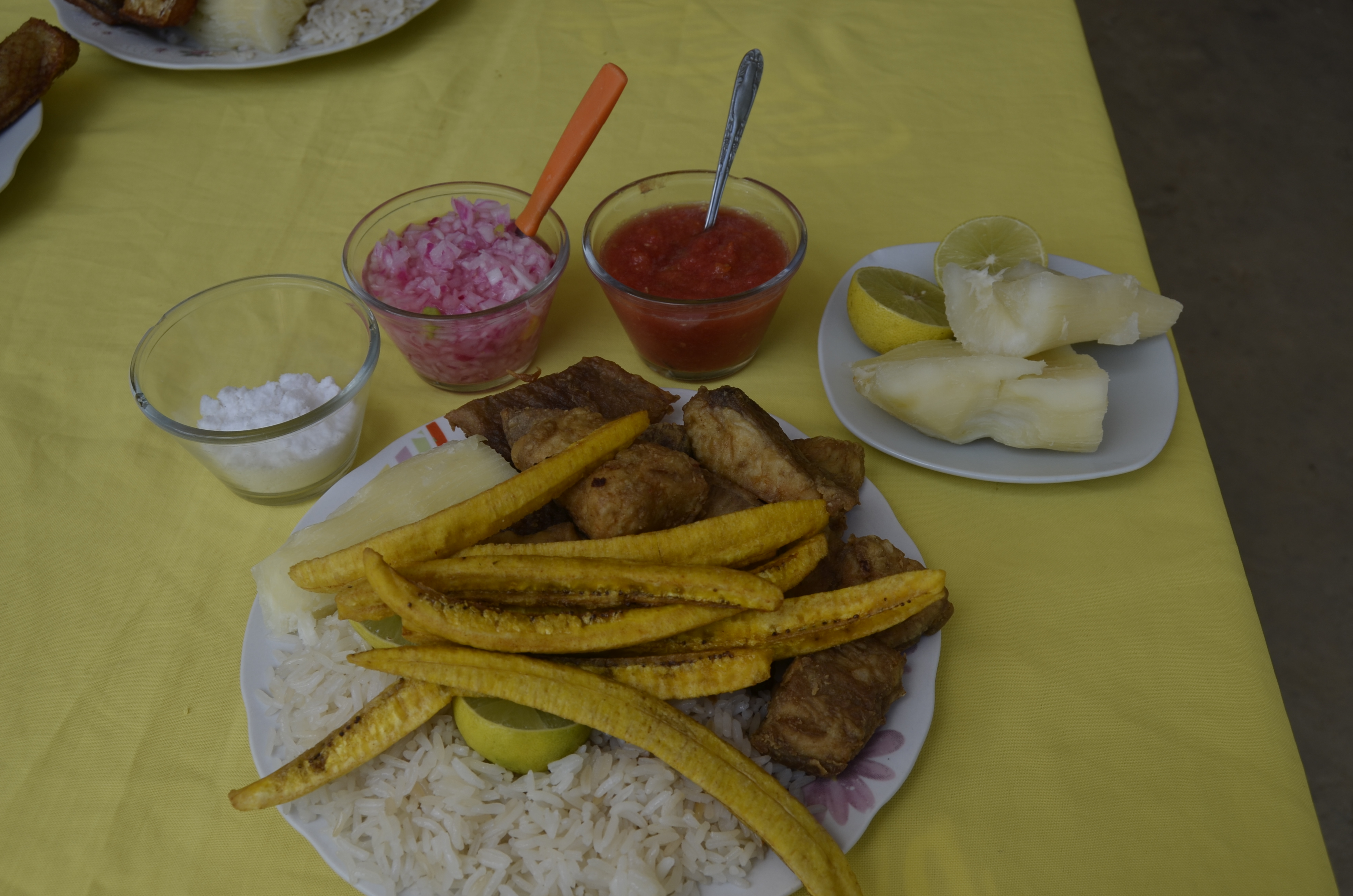 COSTILLA DE PACU: EL PLATO ESTRELLA DEL RESTAURANTE EL PACU  ES COSTILLA DE PACU FRITA BIEN SAZONADAS CON UN SABOR ÚNICO DE LA CASA, CON YUCA Y ENSALADA DE CEBOLLA Y TOMATE Y SU JARRA DE REFRESCO DE LA TEMPORADA QUE OFRECE EL RESTAURANTE.