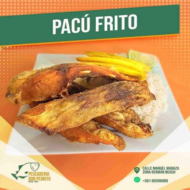 PACU FRITO: EL PACU FRITO  ACOMPAÑADO DE SU ARROZ  Y DE SU PLATANO FRITO CON LIMON, ES UNO DE LOS PLATILLOS ESTRELLA, PREPARACIÓN UNICA  DE DON PEDRITO